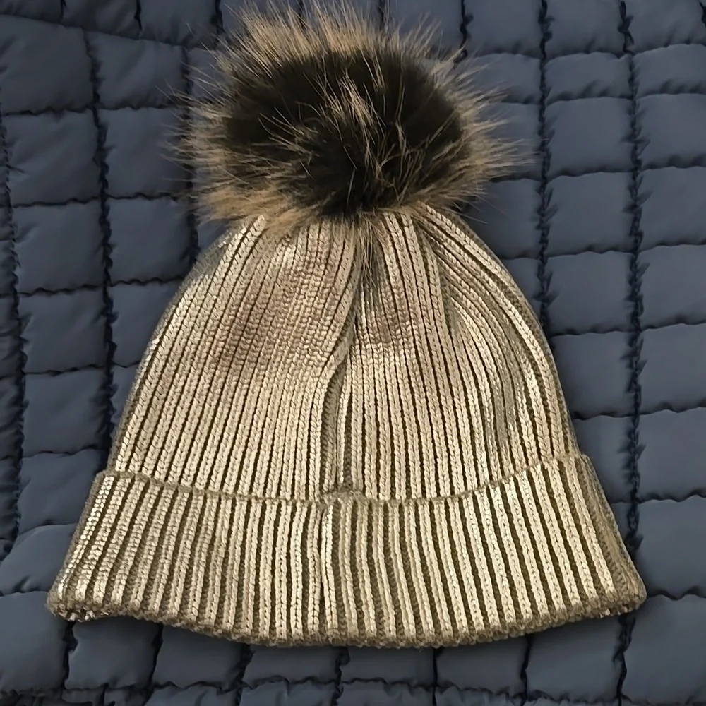 NWT $25 Retail Aerie Metallic Knit Beanie One Size Shiny Silver Pom Pom